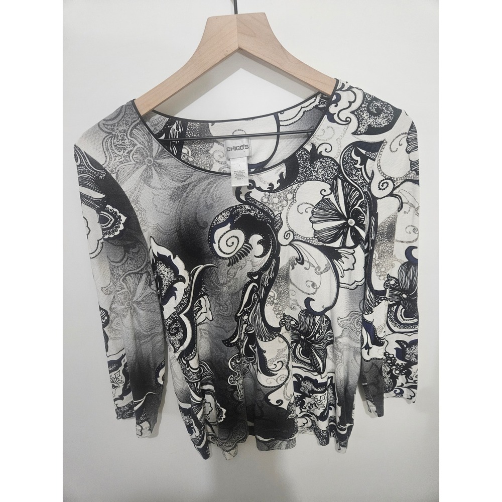 Chicos Black White Abstract Floral Paisley Ombre Long Sleeve Top Size‎ 1 Medium